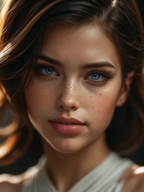 (((ultra realistic))) A close up Photo, masterpiece, top quality, (Ultra detailed face and eyes:1.3),1 divine goddess, 1 american teen girl with freckles, biting her lip, looking from side, astonishing beauty, ultra beautiful cat eye makeup, seductive smil...
