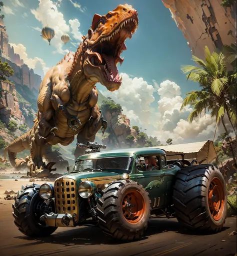 there is an armed hot rod car with a dinosaur on the back, inspired by James Gurney, anime art vehicle concept art, james gurney painting style, car concept art, 8 k high detail concept art, by Craig Thompson, concept art digital illustration, highly reali...