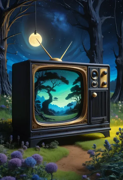 art numerique, de nuit  television cathodique sur un meuble poser dans un champs baucoup de detaille 4k  ghibli style  , ciel de...