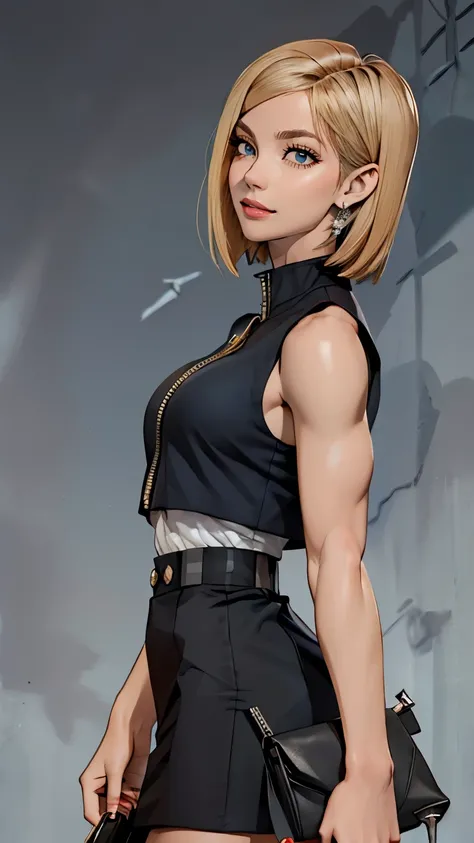 26 year old Caucasian female、Wear a black sleeveless zipper-up top、Navel visible、Lower milk visible、Wear a low-rise black mini skirt、Wear stiletto heels、Have a clutch bag、Side Tail((side drill))、Silver Hair、smile、Skyscraper background、Dark blue eyes