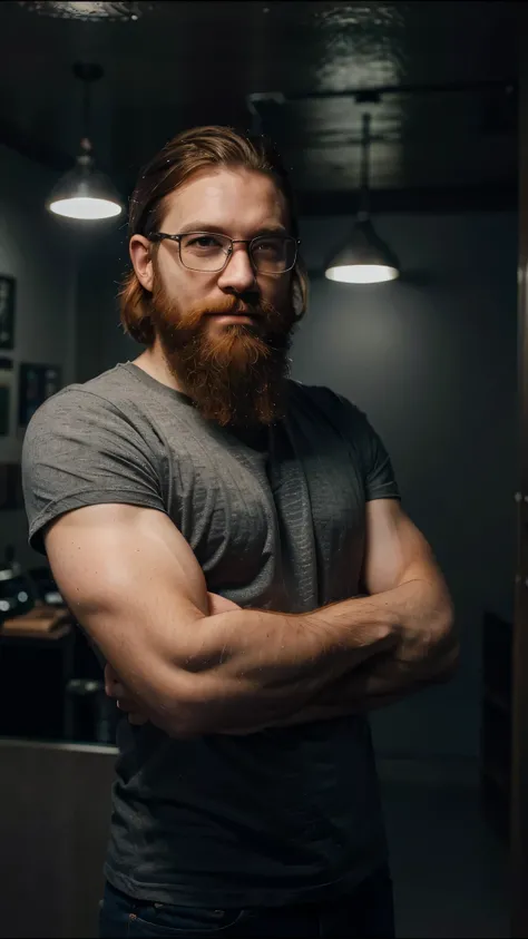 A portrait of a muscular redhead bearded man with short hair and a long beard wearing glasses, wearing shirt, posing in the planetarium, night, smirk (Best quality, 4k, Masterpiece :1.3)