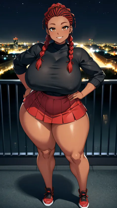 4K Quality, cute smile, over the shoulder pose, black and red skirt, black and red jordans, standing up, black and red braids, (dark skinned), thick thighs, big breasted, big ass, looking at viewer, amber eyes, night time, bedroom eyes, full body, city bac...