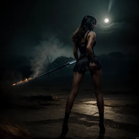 A medieval Goddess warrior fighting in the battlefield, dressed in black, laced dress, torn dress, full body, work of malediction and death, The Great One of the Night of Time, stand up and shout. Dominant pose. Realistic hands. Ball of fire in hand. [The ...