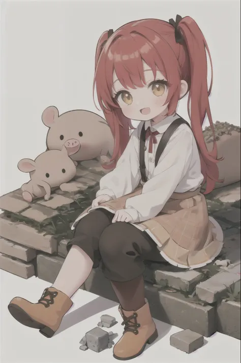 solo, 1girl, deep-red hair,pig tails with bangs, ember yellow-colored eyes, brown boots, happy, :D, patchwork skirts and dusty shirt, sitting on rubble pile, many rats, surrounded by rats,childbook,[(WHITE BACKGROUND:1.5),::5] HEXAGON