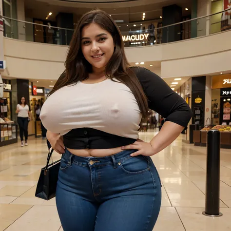 Chubby bbw thicc fat spanish woman, Brown hair, wearing blue jeans and black blouse, posing for camera, in shopping mall, smiley expression, super detail, best quality