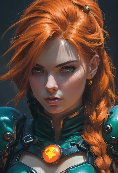 An illustration of a fierce character with fiery hair, in the style of Molecular, [lara croft:(princess peach:1.2):(zelda princess):panam palmer:samus:ciri:(jill valentine)], Al Capp, intense and powerful, photo-enhanced, cyberpunk genre, fiery red