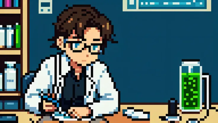 Scientist in his lab analyzing his petri plate pixel art