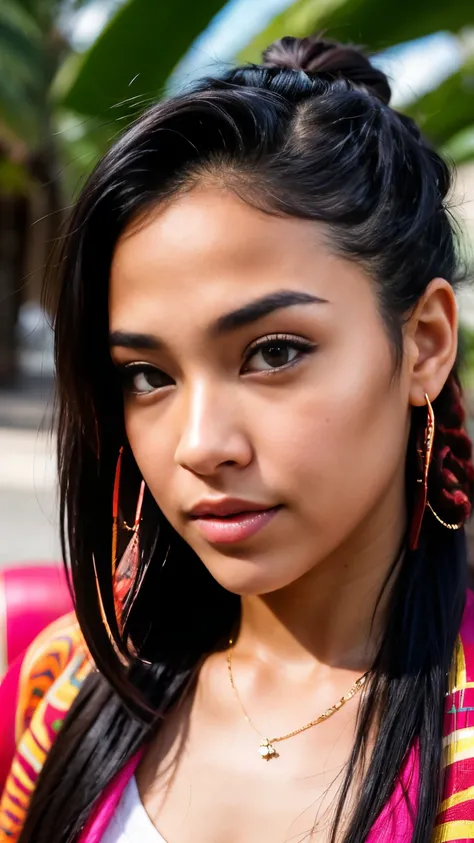 Create an close up image of the face of a young hawaiian woman in her mid-20s, with a skater girl vibe. She has a sexy, confident look, with hair featuring red rastas. As an influencer, she has an effortlessly cool style, exuding casual yet captivating app...