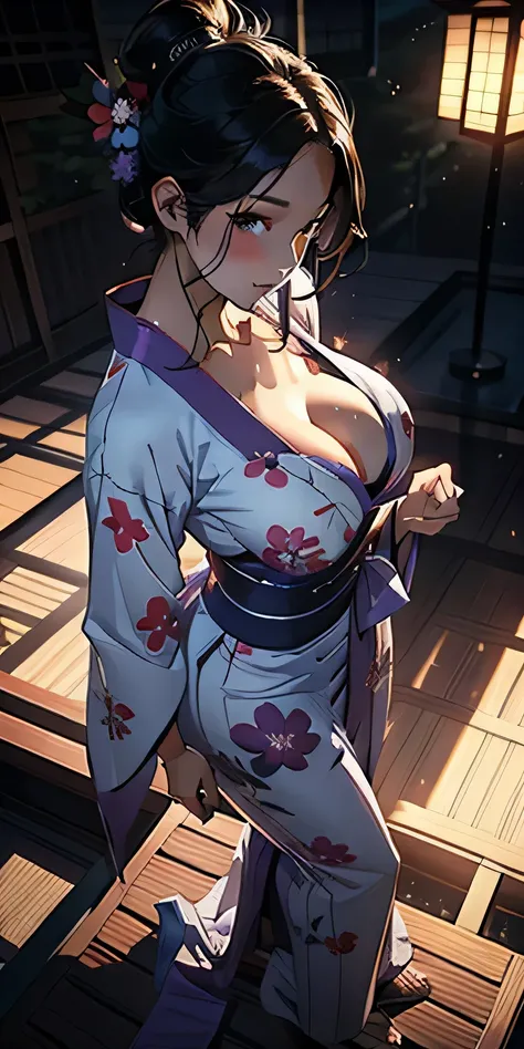 realistically、Full body contact looking up from below the ground、rear view、My thighs are also getting a little thicker、25 year old girl with accentuated thighs、Wearing a purple yukata、Breast augmentation and emphasis on cleavage、Versatile sensual poses、smi...