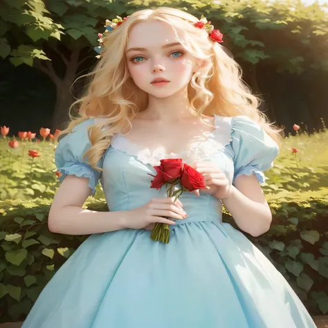 a woman in a blue dress holding a red rose in her hand, Alice in wonderland style, Alice from Alice in wonder land, like Alice in wonderland, blonde haired princess, from Alice in wonderland, Beautiful Delfina, Elle Fanning), portrait of Alice in wonderlan...