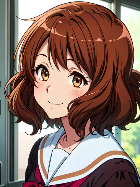 kumiko oumae, kumiko oumae, (Brown eyes:1.5), Brown Hair, short hair, Wavy Hair, Hot Face, blush, Sailor suit, , high school girl, Red ribbon, Downward, smile, very cute and beautiful girl,Teen,(Very detailedな美しい顔),
(Highest quality,masterpiece),Absurd,Hig...