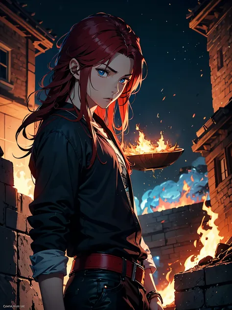 Blue fire. Even more anime style. More anime. More 2D. Clean. More anime. 2d. Glow. Red hair. More anime. male. Long hair. long red hair. boy, vikings. red hair. Blue eyes. fire. 