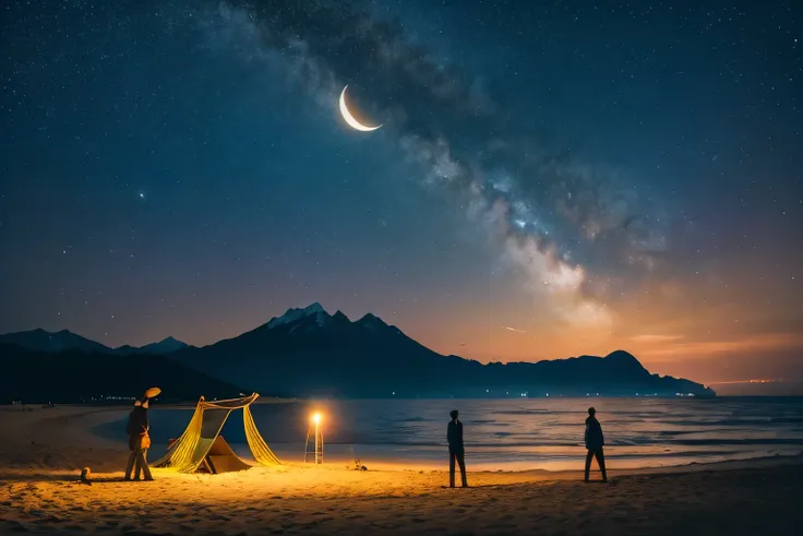 Glowing plants on the beach,Starry Sky,Golden Moon,Mountain Background,Single men,Silkscreen Style,