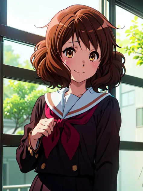 kumiko oumae, kumiko oumae, (Brown eyes:1.5), Brown Hair, short hair, Wavy Hair, Hot Face, blush, Sailor suit, , high school girl, Red ribbon, Downward, smile, very cute and beautiful girl,Teen,(Very detailedな美しい顔),
(Highest quality,masterpiece),Absurd,Hig...