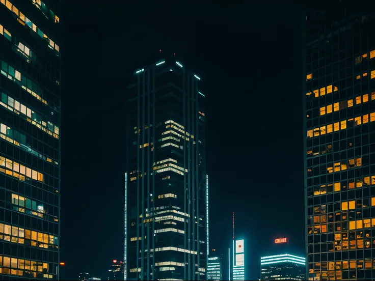 smal office building, cyberpunk, middle of city, night, viewed from the street, close