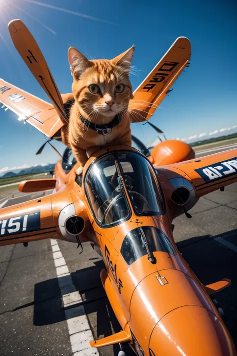 Orange cat in aircraft pilot outfit, flying airplane 