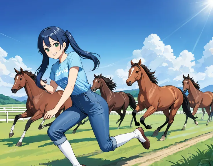 Light blue long hair、Beautiful girl with twin tails、T-shirt and denim jumpsuit、Bright smile、Thoroughbred Ranch、Lots of race horses、blue sky、Lots of horses、Horses running through the pasture