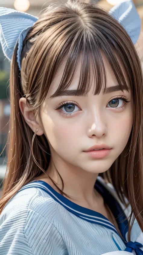 Sailor suit、、A beautiful girl in the world、Glowing Skin、sparkle on the cheeks、Bangs between the eyes、光沢のあるシルクと非常に長くてまっすぐなbeautiful天然ブロンド、eyeliner、Sexy and beautiful 35 years old、High resolution, big, beautiful, bright light blue eyes、Beautiful and bright g...