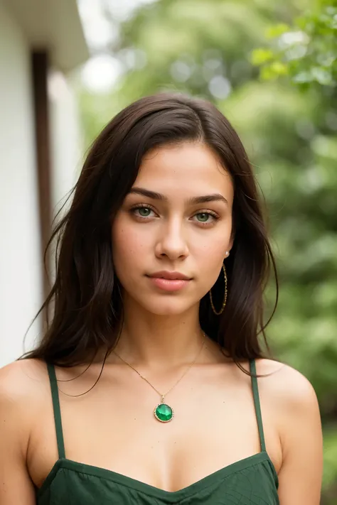 1girl, age 20, Solo, Mixed race, Green eyes, Damp chocolaty brown hair, Fine-featured face, Realistic textured skin, Displaying a subtle grain of skin texture, Bare shoulders, Wearing a fitted blouse that accentuates her figure, Jewelry, Full body, A neckl...