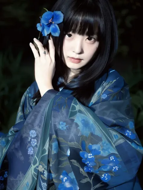 Arafed woman with a blue flower in her hair., Inspired by Shinsui Ito, portrait of sadako from the ring, Inspired by Otake Chikuha, in kimono, Shinsui Ito, Inspired by Miwa Komatsu, sui ishida with black hair, Inspired by Ayako Rokkaku, Inspired by Tsukiok...