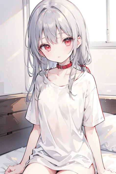 girl　Young　Slender　Gray Hair　Red eyes　blush　Wearing a collar　Naked T-shirt　thin　On the bed