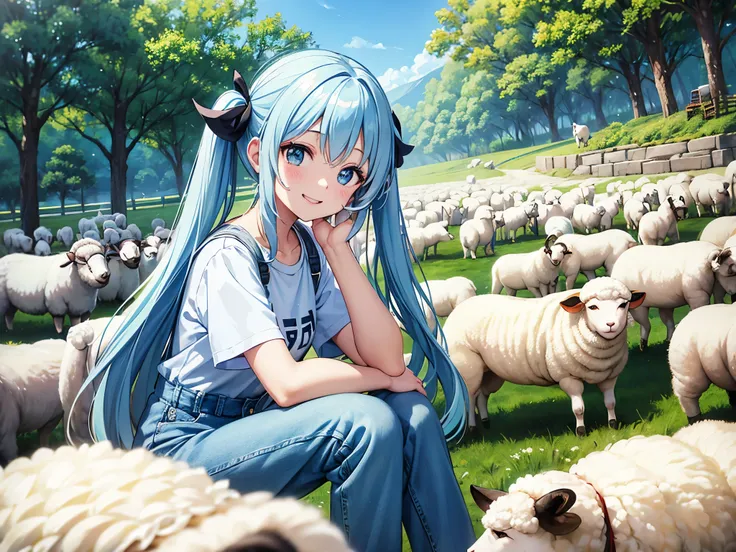 Light blue long hair、Beautiful girl with twin tails、T-shirt and denim jumpsuit、Bright smile、Sheep Farm、Lots of sheep、blue sky、Two dogs watching over the sheep