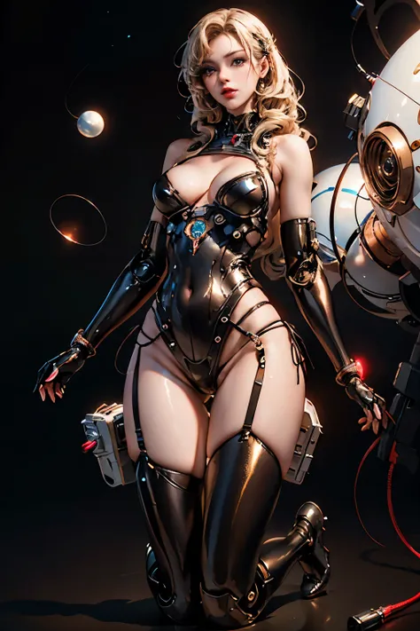 photo-realistic, arafed woman in a bikini posing on a black base, long blonde hair, long black boots, bikini with space suit ele...