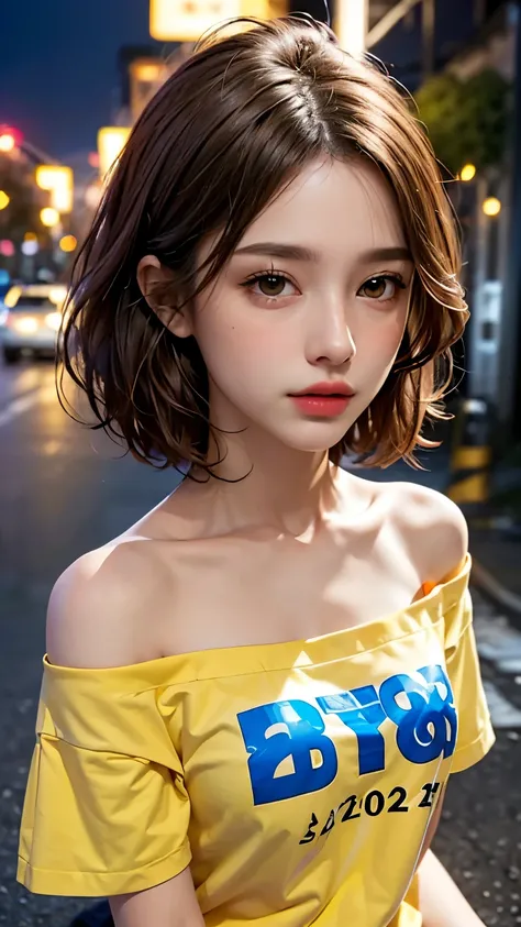 He is wearing a colorful, oversized yellow T-shirt.., Highest quality, masterpiece, Ultra-high resolution, (Realistic:1.4), RAW Photos, One Girl, Off the shoulder, In the Dark, Deep Shadow, Moderate, Night Alley, short hair, roadside, Sitting,  20-year-old...