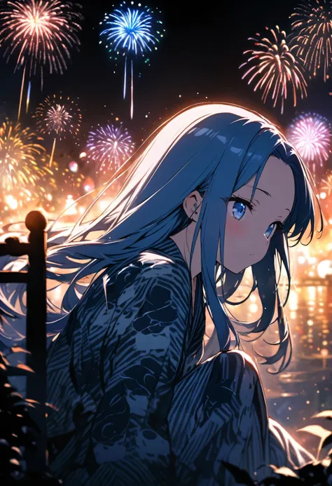 (immensely beautiful many fireworks), (double exposure:1.2 fireworks in hers pupil), (a forehead blue hair long hair cute girl, in a exposure yukata, small tits), BREAK, 16k, beautiful detailed silhouette.