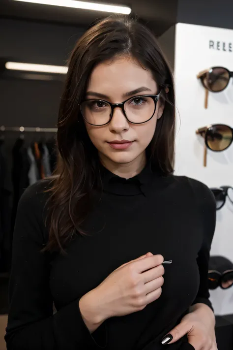 Create an image to show on the cover of my eyewear store reels, an elegant woman wearing black glasses, looking beautiful and well dressed in black clothes.