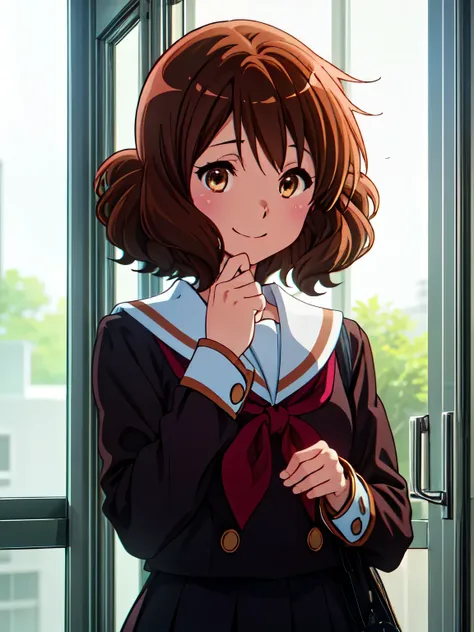 kumiko oumae, kumiko oumae, (Brown eyes:1.5), Brown Hair, short hair, Wavy Hair, Hot Face, blush, Sailor suit, , high school girl, Red ribbon, Downward, smile, very cute and beautiful girl,Teen,(Very detailedな美しい顔),
(Highest quality,masterpiece),Absurd,Hig...