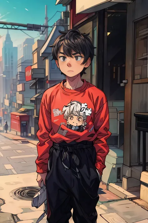 1male, white colored hair, in a sweatshirt, Stands in the city, serious expression, Looks away from the camera