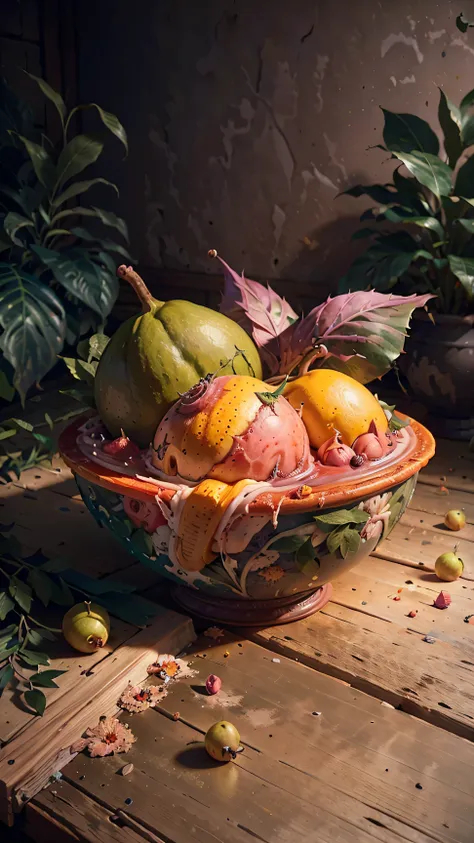 hyper detailed masterpiece mango,dynamic,awesome quality,floating liquid plant,ral-passion fruit,photorealistic,cinematic lighti...