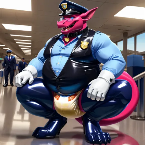 Multiple Dragons, Male, fat, squatting, extremely obese, gentleman, dapper Dragon, pooping in diaper, blue eyes, (soft shading), 4k, hi res, ((detailed face, detailed)), looking at viewer, evil grin, Airport, TSA, TSA Uniform, collared shirt with buttons, ...