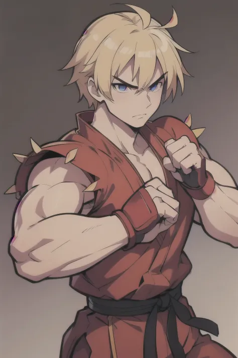 Ken Masters, street fighter, detailed facial features, piercing eyes, full lips, spiky hair, red martial arts uniform, dynamic fighting pose