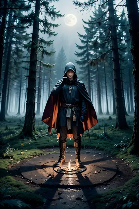 Night Atmosphere and Fog:
The night must be cold and shrouded in dense fog. The forest trees partially disappear into the mist, creating a sense of mystery and suspense.
The Young Wizard:
He is powerful and determined. His shaved hair is black as night. He...