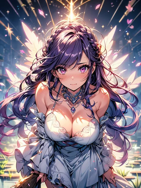 (overhead view), mature woman, 1girl, (masterpiece, best quality, ultra-detailed), sharp focus, detailed face, face focus, extremely detailed eyes, long hair, crown braid, hair over shoulder, (silvery-purple hair:1.3), purple eyes, (glitter eyes:1.2), long...