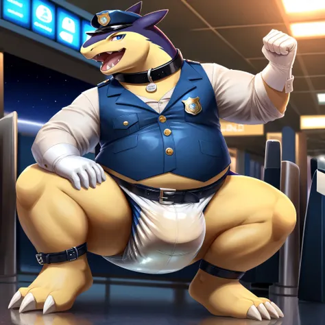 Solo, Male, fat, squatting, extremely obese, gentleman, dapper Typhlosion, pooping in diaper, blue eyes, (soft shading), 4k, hi res, ((detailed face, detailed)), looking at viewer, evil grin, Airport, TSA, TSA Uniform, collared shirt with buttons, hat, mal...