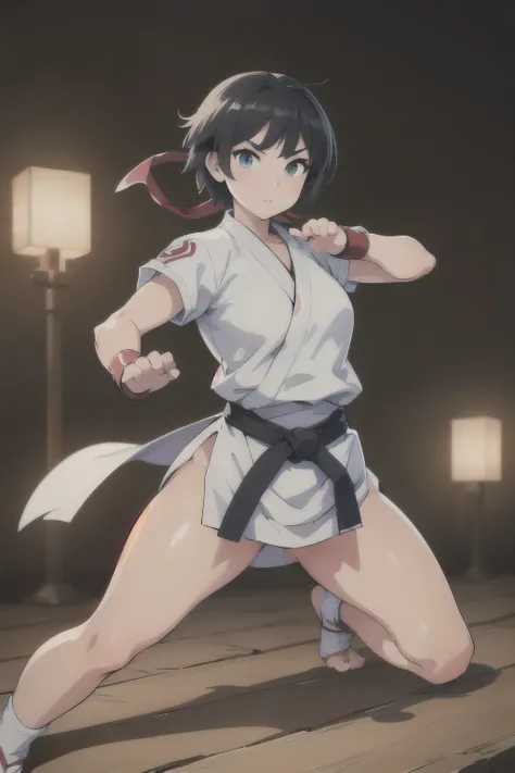 (masterpiece, best quality:1.2), expressive eyes, perfect face, highres, 1girl, solo, ryu, (female:1.5), black hair, short hair, white martial arts uniform, 🥋, fingerless gloves, headband, standing pose, hadouken pose, looking at the viewer, fullbody shot