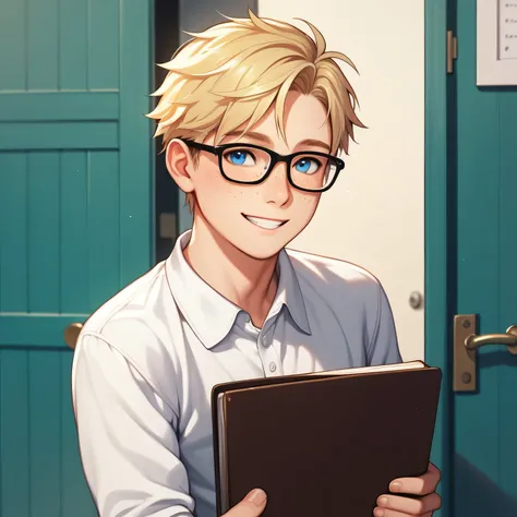 1 boy, solo, twink, younger male, 18 years old, freckles, blue eyes, blonde, glasses, shy smile, white shirt, holding a bible, dress pants, fancy shoes, in front of a door, exterior, detailed face, detailed body, detailed image, girly, close up to face