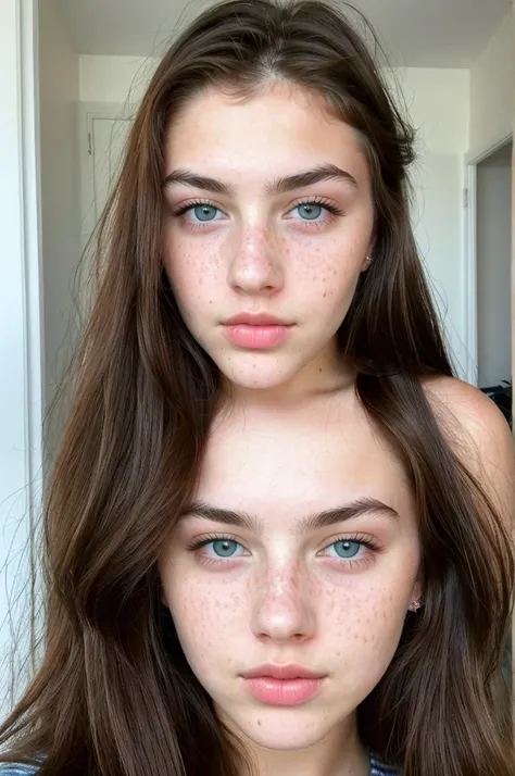 really pretty 18 years old girl. Brown hair. Innocent face. Straight looking to the camera. Facing the camera. blue eyes. Freckles. Unique face. Thin face. Beautiful eyes. Thick eyebrows. Pretty filled lips. Fat lips. Thin nose. Freckles and nice skin. Sim...