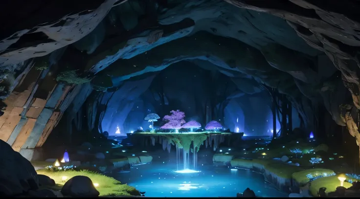 Dim Cave、faintly glowing plants、Descend into another world、Nice views、wonderfully beautiful scenery、Lihaire a magical country、underworld、Vast and mysterious, Full of incredible surprises、A huge cavern stretching to the horizon、Moss that glows a faint blue、...