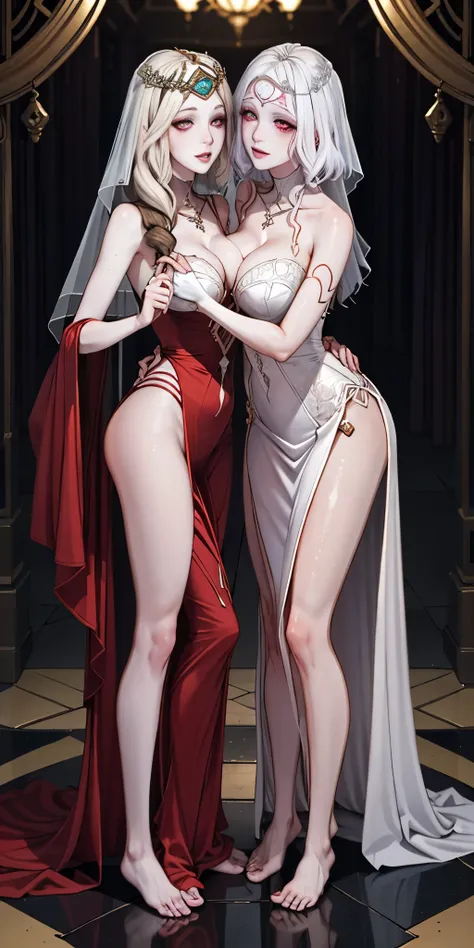 Body position: Standing, straight, symmetrical, barefoot, Lustful smile on face with red blush, 2 girls like Cassia Orsellio white pale skin with red eyes who gets married and stands in front of many people, nsfw, kissing