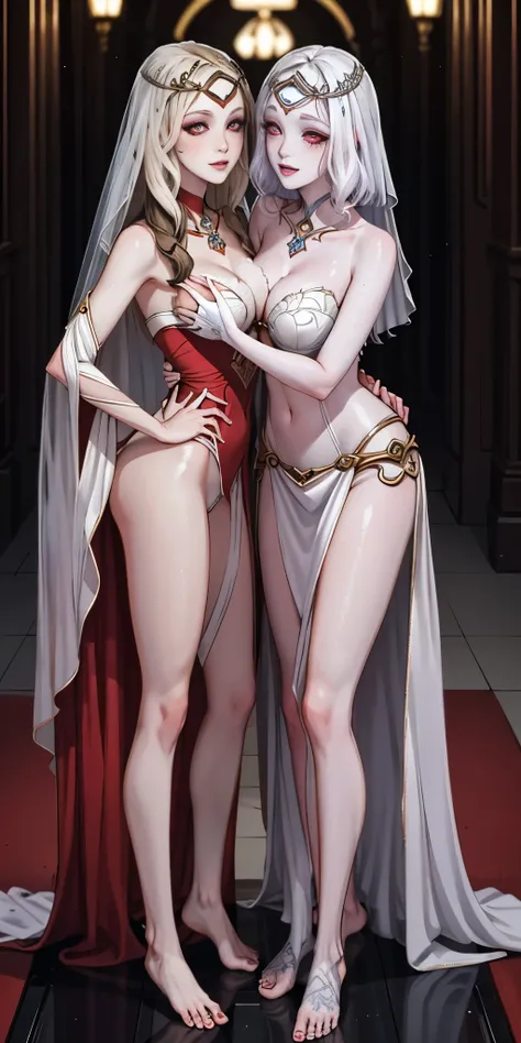 Body position: Standing, straight, symmetrical, barefoot, Lustful smile on face with red blush, 2 girls like Cassia Orsellio white pale skin with red eyes who gets married and stands in front of many people, nsfw, kissing