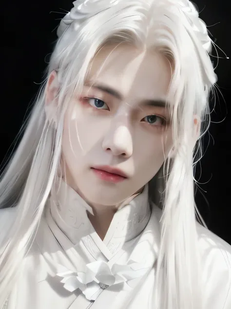 a close up of a person with long white hair and a white shirt, white hanfu, with long white hair, with white long hair, pale milky white porcelain skin, porcelain white face, porcelain white skin, pale porcelain white skin, pale young ghost girl, white hai...