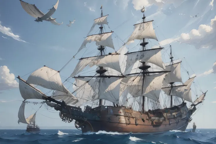 (masterpiece, Highest quality:1.2), 1 Galleon, alone, (full sail:1.4), (Draw accurate and detailed rigging)、