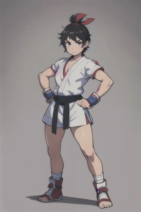 Ryu, street fighter, girl, cute, detailed facial features, piercing eyes, full lips, short hair, white martial arts uniform, red headband, standing pose, hands on waist, full body shot