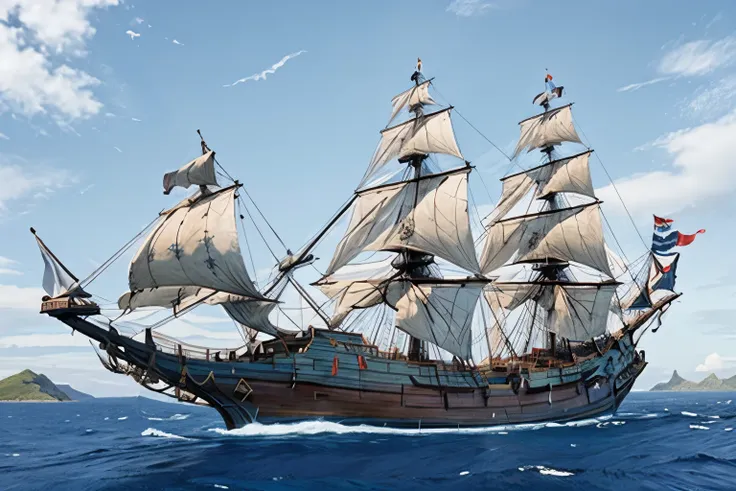 (masterpiece, highest quality:1.2), 1 galleon, alone, (full sail:1.4), (draw accurate and detailed rigging)、(accurately detailed...