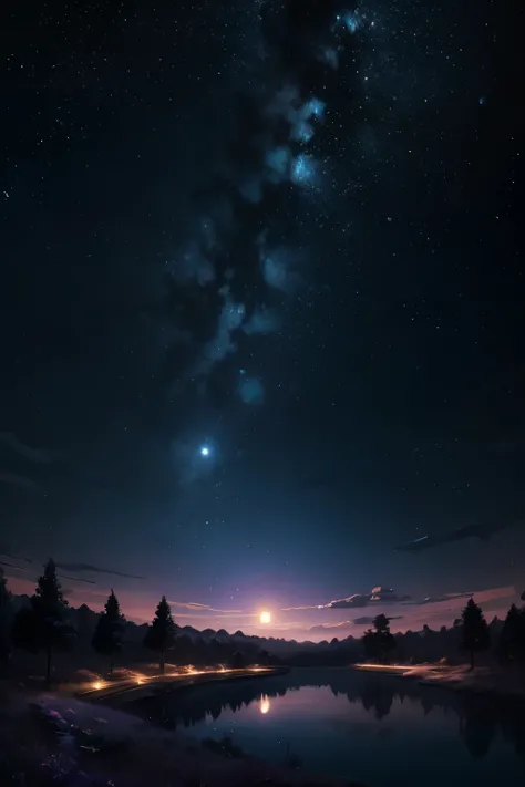 A highly condensed beauty dressed in a painting of stars and moons in the river and sky, concept art inspired by Tosa Mitsuoki, pixiv competition winner, best quality, fantasy art, beautiful anime scenes, a round of bright moon, starry sky environment in t...