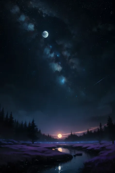 A highly condensed beauty dressed in a painting of stars and moons in the river and sky, concept art inspired by Tosa Mitsuoki, pixiv competition winner, best quality, fantasy art, beautiful anime scenes, a round of bright moon, starry sky environment in t...